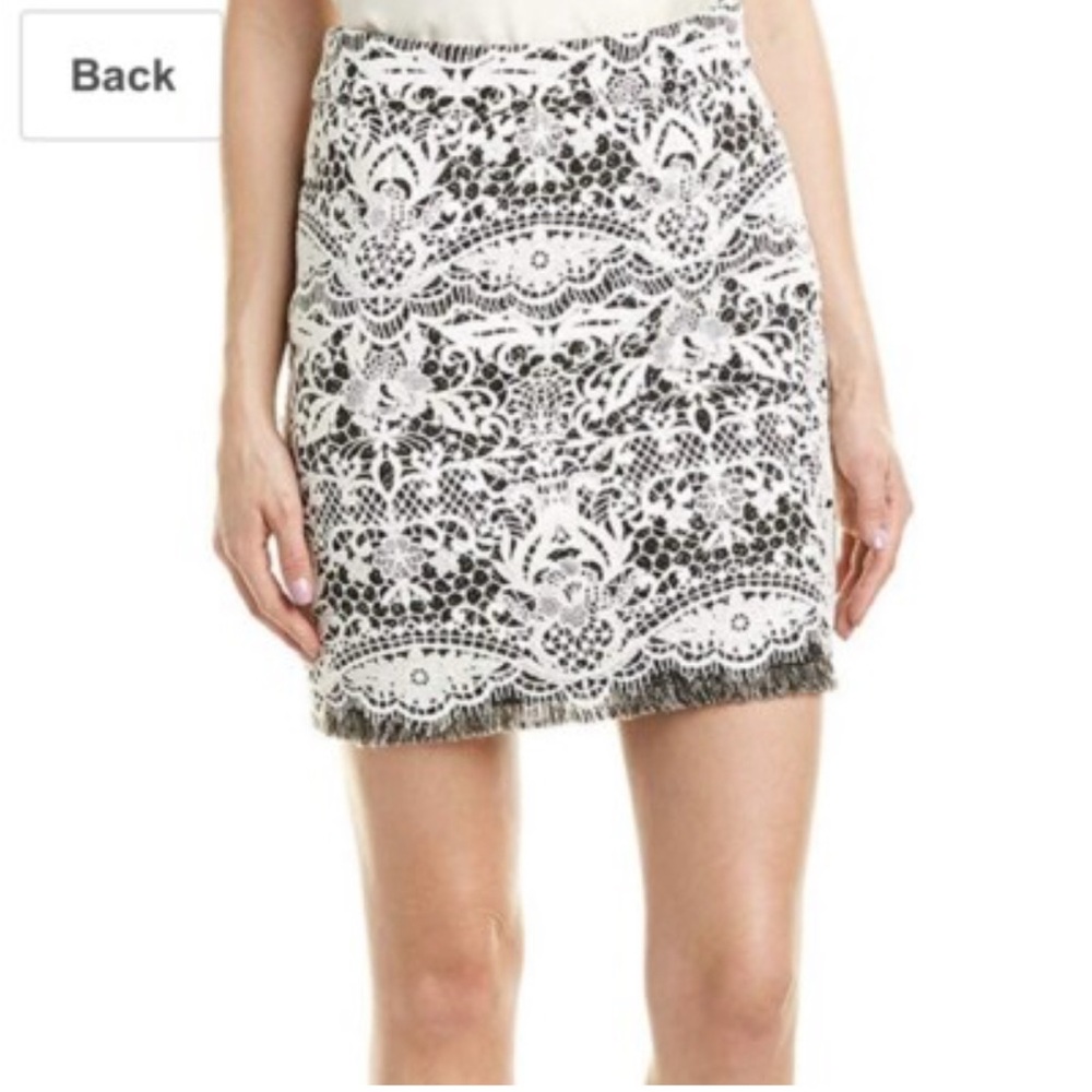 Maje Black/ White Skirt Lace Overlay Boucle Fabric size 38 Worn Once Fringe Edge
